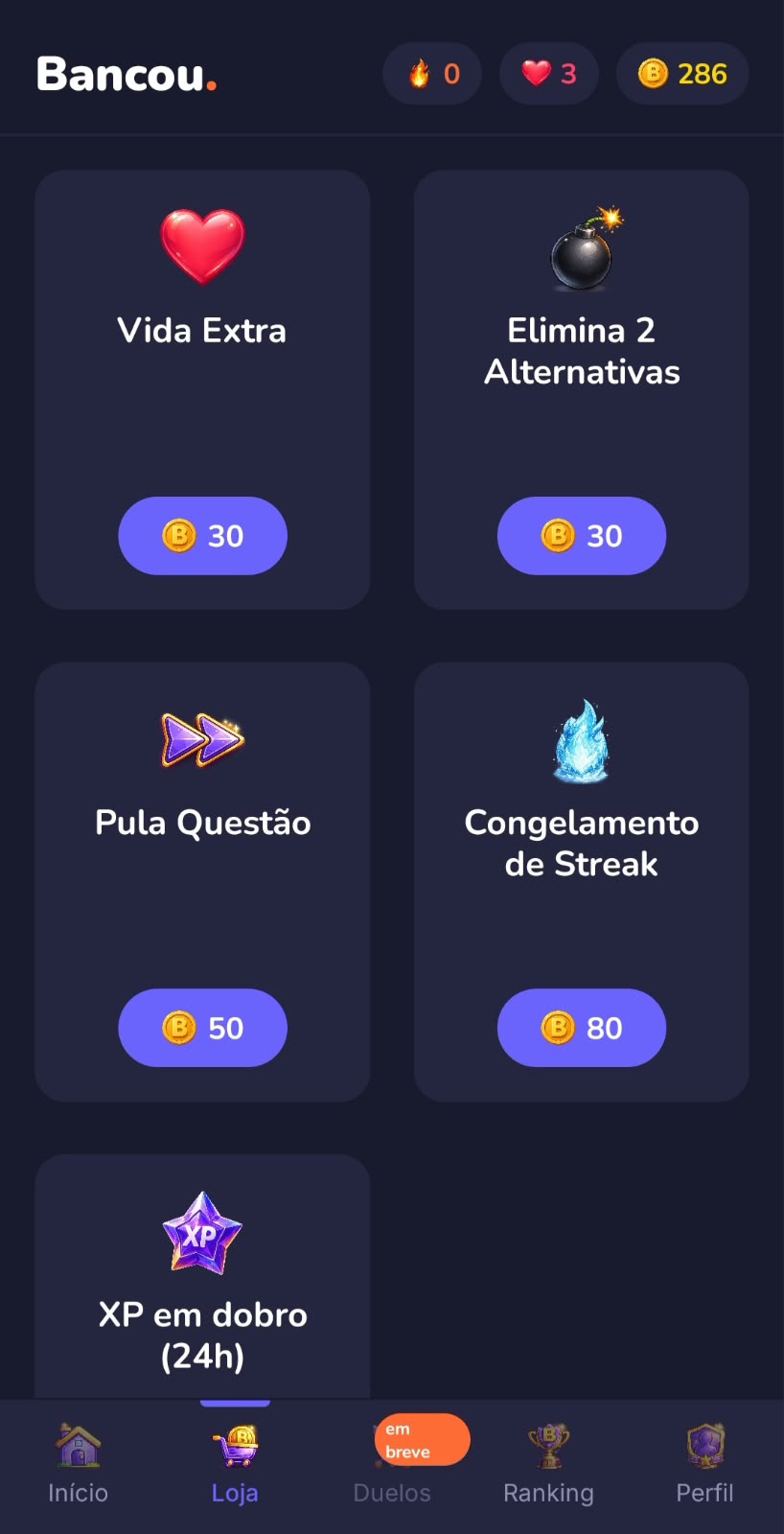 Tela da loja do Bancou com itens para usar nas partidas